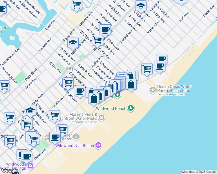 map of restaurants, bars, coffee shops, grocery stores, and more near 3000 Ocean Avenue in Wildwood