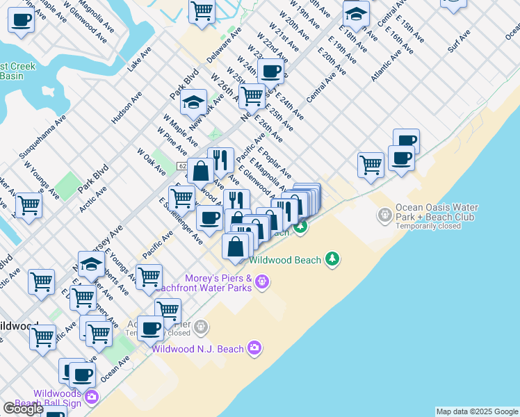 map of restaurants, bars, coffee shops, grocery stores, and more near 328 East Maple Avenue in Wildwood