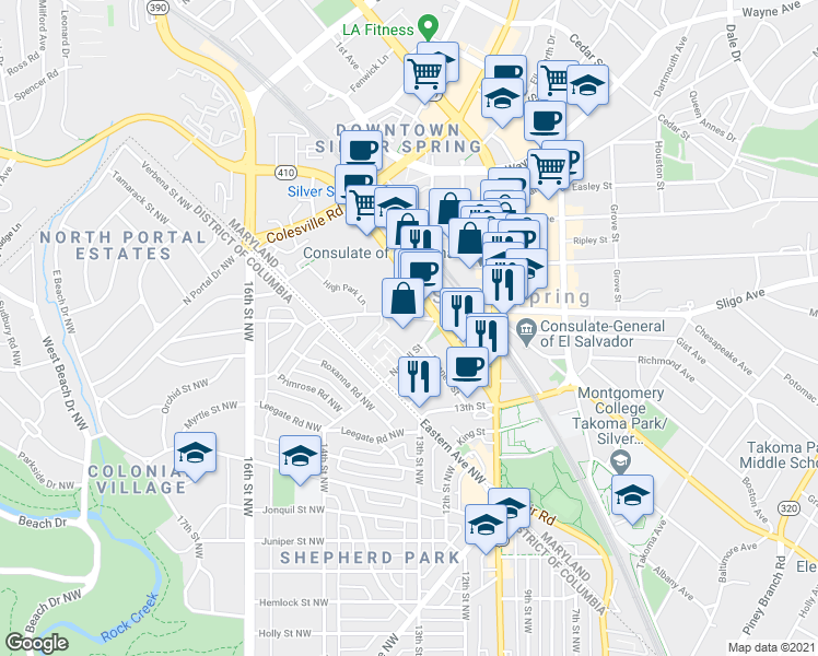 map of restaurants, bars, coffee shops, grocery stores, and more near 8060 Newell Street in Silver Spring