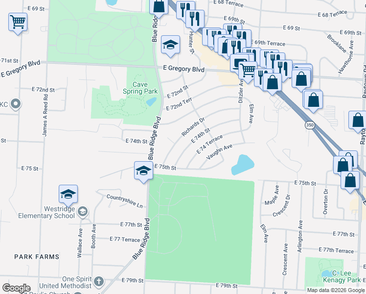 map of restaurants, bars, coffee shops, grocery stores, and more near 8912 East 74th Street in Raytown