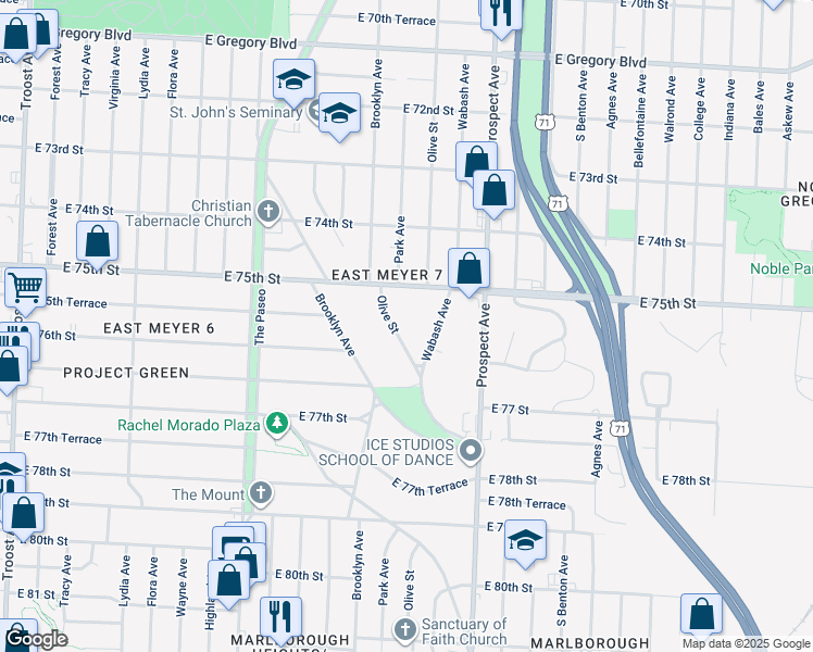 map of restaurants, bars, coffee shops, grocery stores, and more near 7524 Wabash Avenue in Kansas City