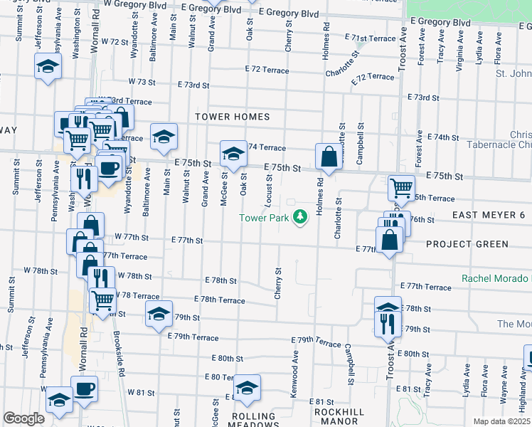 map of restaurants, bars, coffee shops, grocery stores, and more near 7612 Locust Street in Kansas City