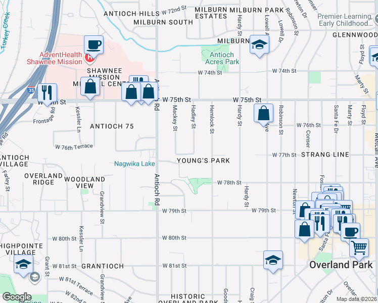 map of restaurants, bars, coffee shops, grocery stores, and more near 7649 Hadley Street in Overland Park