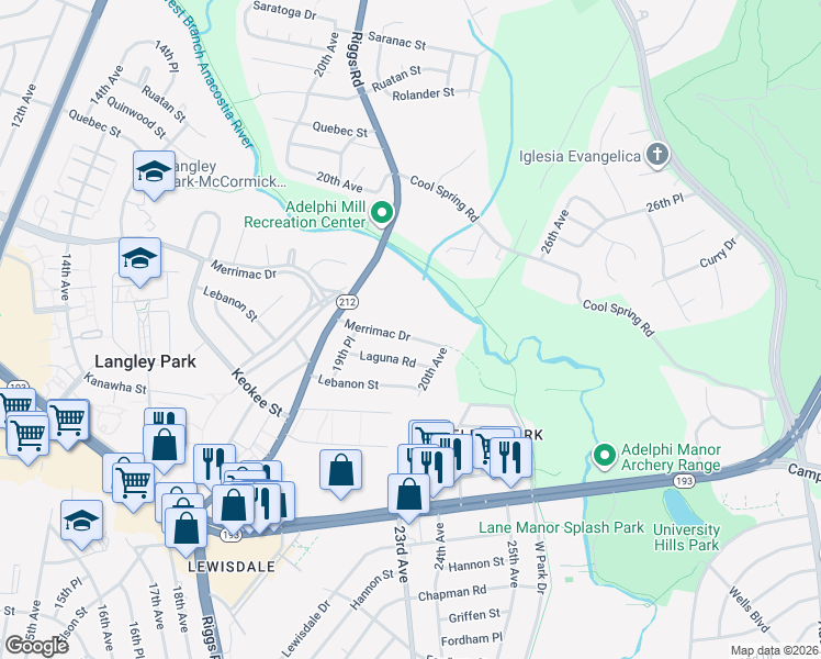map of restaurants, bars, coffee shops, grocery stores, and more near 1924 Merrimac Drive in Hyattsville