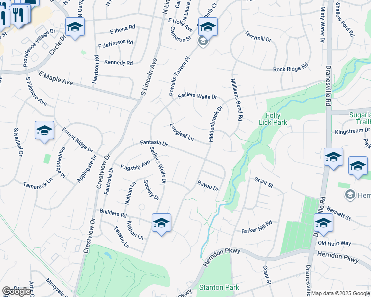 map of restaurants, bars, coffee shops, grocery stores, and more near 12712 Fantasia Drive in Herndon