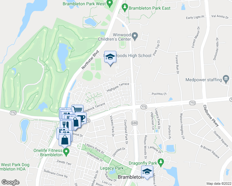 map of restaurants, bars, coffee shops, grocery stores, and more near 22699 Verde Gate Terrace in Brambleton