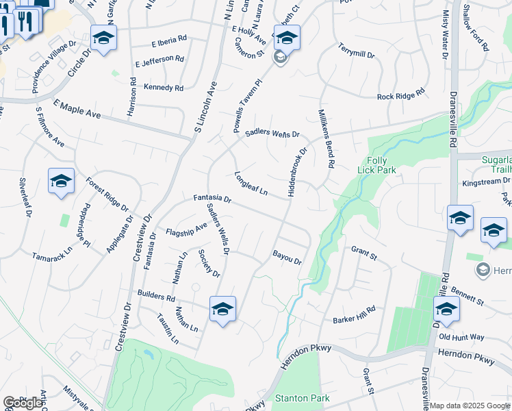 map of restaurants, bars, coffee shops, grocery stores, and more near 12712 Fantasia Drive in Herndon