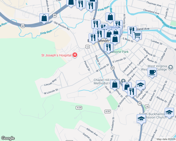 map of restaurants, bars, coffee shops, grocery stores, and more near 23-31 Pinnell Street in Buckhannon