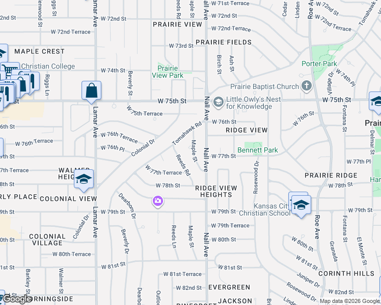map of restaurants, bars, coffee shops, grocery stores, and more near 7705 Maple Lane in Prairie Village