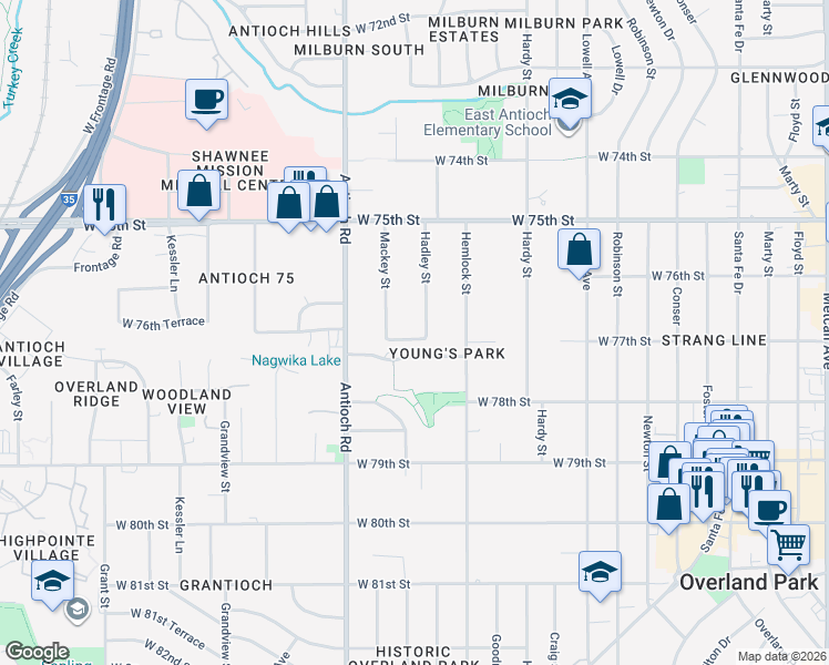 map of restaurants, bars, coffee shops, grocery stores, and more near 7649 Hadley Street in Overland Park