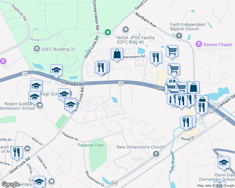 map of restaurants, bars, coffee shops, grocery stores, and more near 10017 Greenbelt Road in Lanham