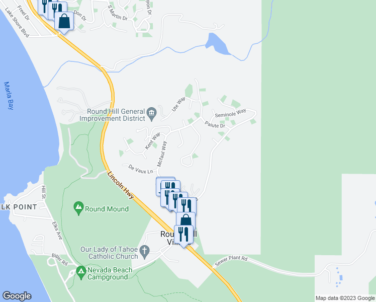 map of restaurants, bars, coffee shops, grocery stores, and more near 266 Cheyenne Circle in Zephyr Cove-Round Hill Village