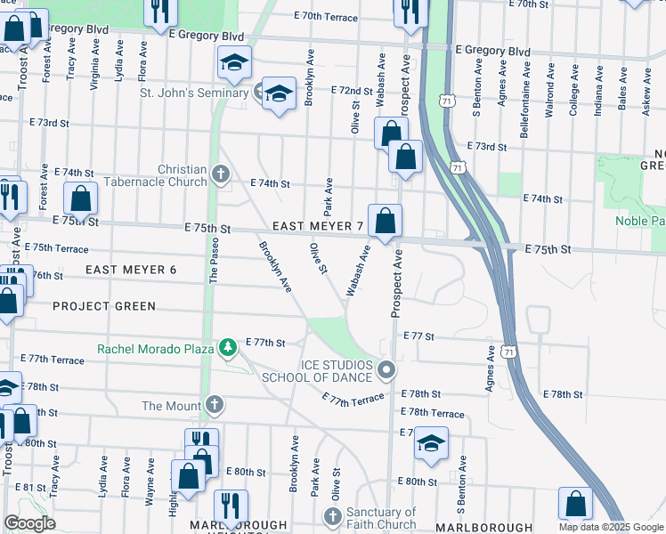 map of restaurants, bars, coffee shops, grocery stores, and more near 7524 Wabash Avenue in Kansas City