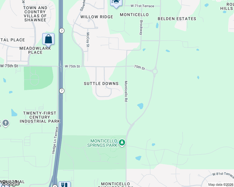 map of restaurants, bars, coffee shops, grocery stores, and more near 22427 W 76th Terrace in Shawnee