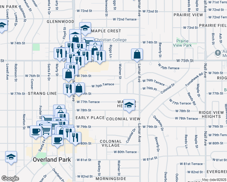 map of restaurants, bars, coffee shops, grocery stores, and more near 6600 West 77th Street in Overland Park