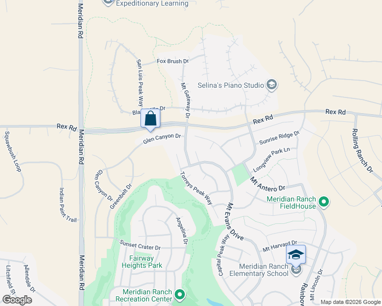 map of restaurants, bars, coffee shops, grocery stores, and more near 10916 Huron Peak Place in Peyton