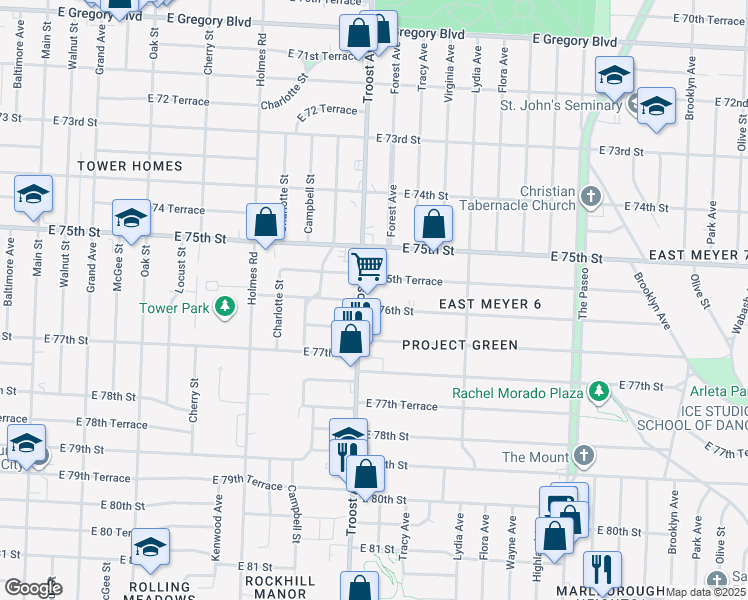 map of restaurants, bars, coffee shops, grocery stores, and more near 1114 East 76th Street in Kansas City