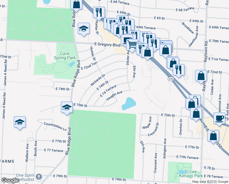 map of restaurants, bars, coffee shops, grocery stores, and more near 9116 Vaughn Avenue in Raytown