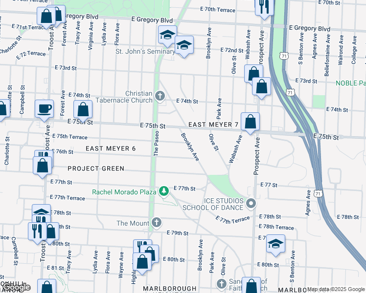 map of restaurants, bars, coffee shops, grocery stores, and more near 1849 East 75th Terrace in Kansas City