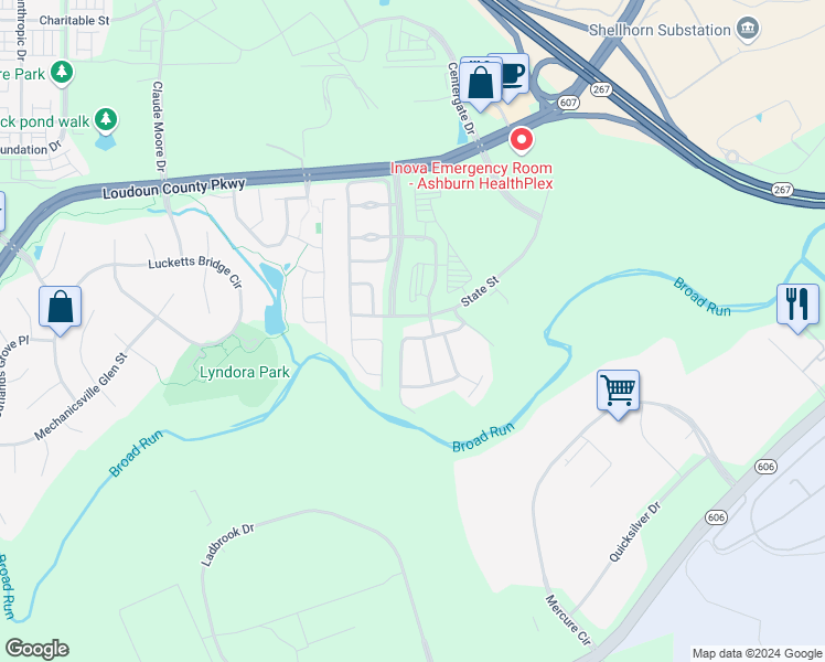 map of restaurants, bars, coffee shops, grocery stores, and more near 22691 Lamoreaux Landing Square in Ashburn
