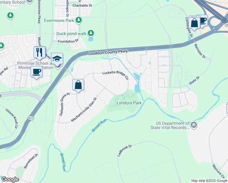 map of restaurants, bars, coffee shops, grocery stores, and more near 43643 Lucketts Bridge Circle in Ashburn
