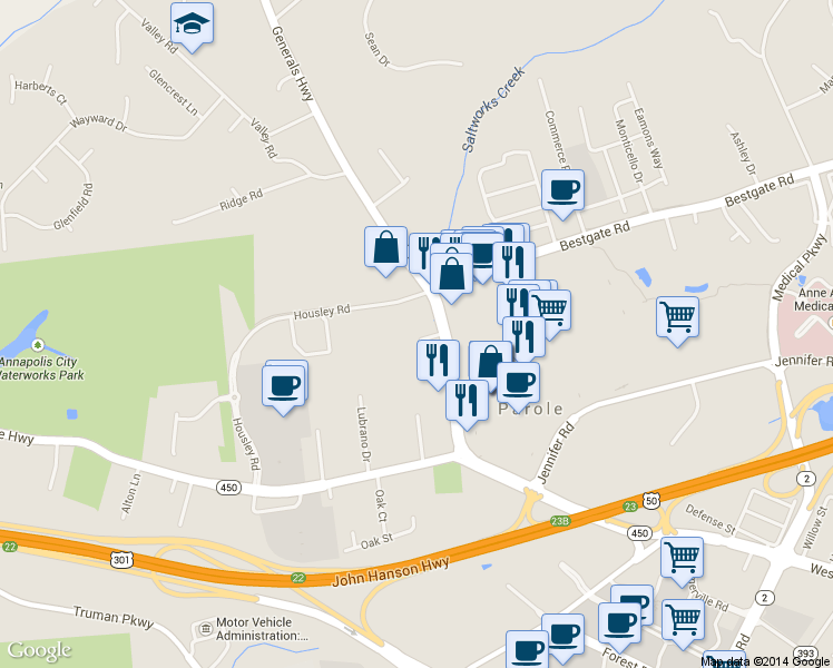 map of restaurants, bars, coffee shops, grocery stores, and more near in Cape Saint Claire