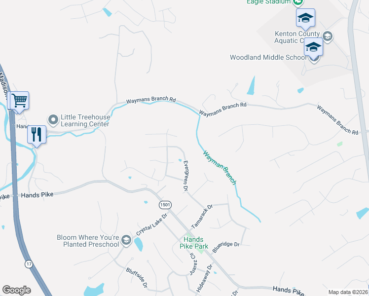 map of restaurants, bars, coffee shops, grocery stores, and more near 2521 Evergreen Drive in Covington