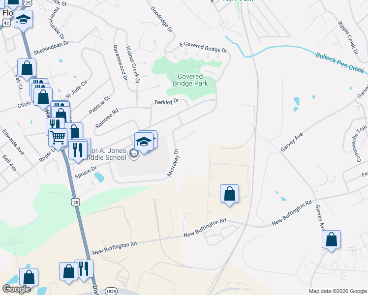 map of restaurants, bars, coffee shops, grocery stores, and more near 340 Merravay Drive in Florence