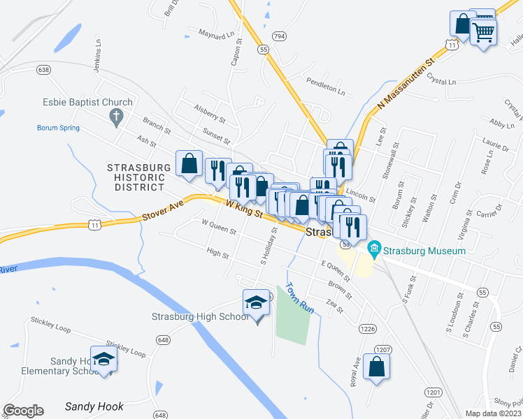 map of restaurants, bars, coffee shops, grocery stores, and more near 168 West King Street in Strasburg