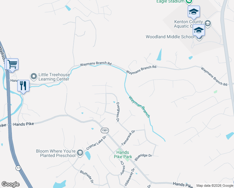 map of restaurants, bars, coffee shops, grocery stores, and more near 2521 Evergreen Drive in Covington
