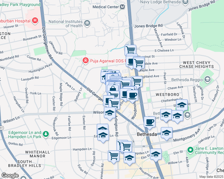 map of restaurants, bars, coffee shops, grocery stores, and more near 4905 Del Ray Avenue in Bethesda