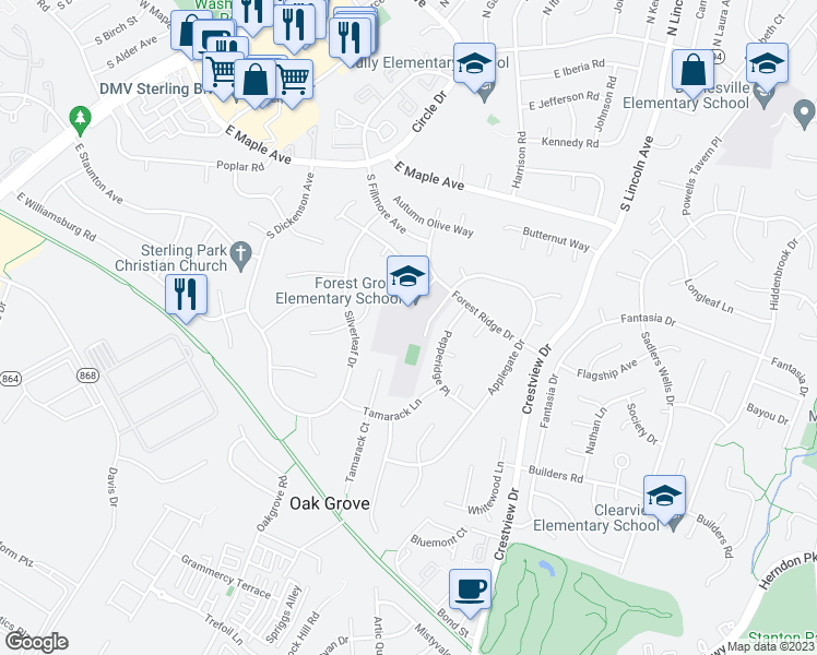map of restaurants, bars, coffee shops, grocery stores, and more near 46245 Forest Ridge Drive in Sterling