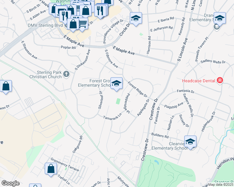 map of restaurants, bars, coffee shops, grocery stores, and more near 46245 Forest Ridge Drive in Sterling