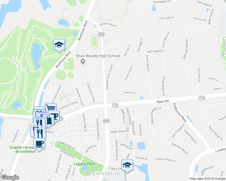 map of restaurants, bars, coffee shops, grocery stores, and more near Flowing Spring Square in Brambleton