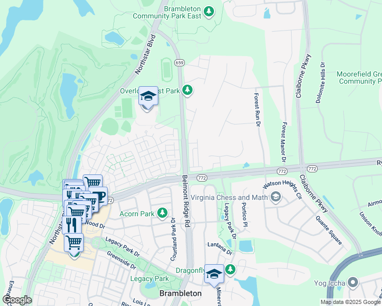 map of restaurants, bars, coffee shops, grocery stores, and more near 22678 Parkland Farms Terrace in Ashburn