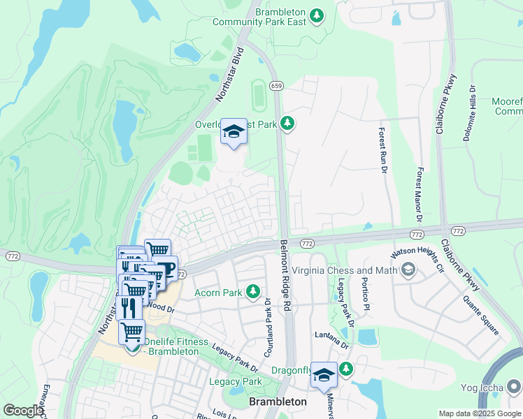map of restaurants, bars, coffee shops, grocery stores, and more near 42589 Cardinal Trace Terrace in Ashburn