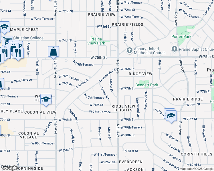 map of restaurants, bars, coffee shops, grocery stores, and more near 7705 Maple Lane in Prairie Village