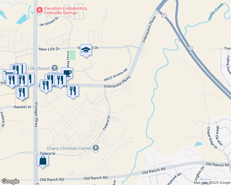 map of restaurants, bars, coffee shops, grocery stores, and more near 10945 Shade View in Colorado Springs