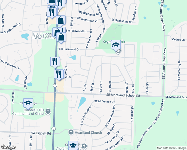 map of restaurants, bars, coffee shops, grocery stores, and more near 2901 Southeast 2 Street in Blue Springs