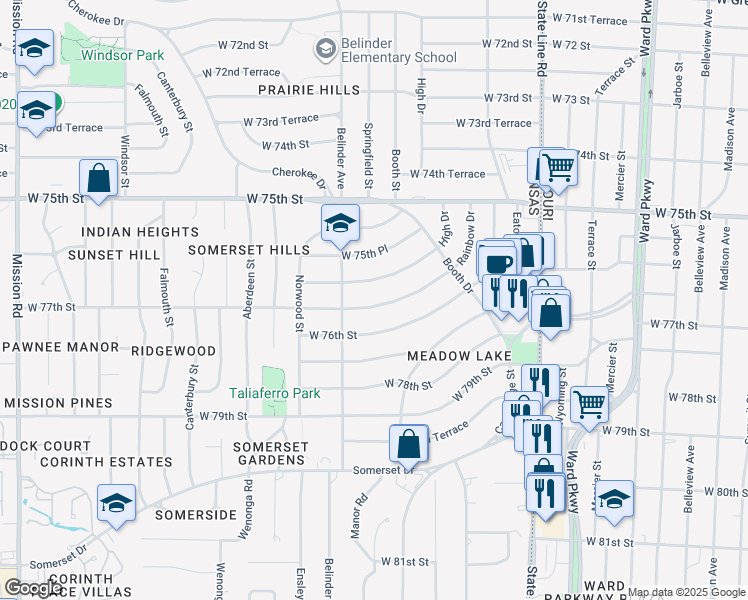 map of restaurants, bars, coffee shops, grocery stores, and more near 7641 Rainbow Drive in Prairie Village