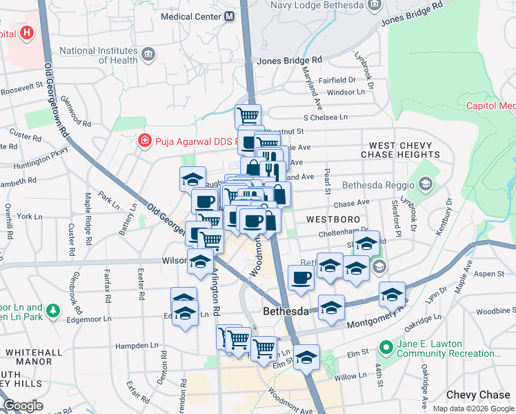 map of restaurants, bars, coffee shops, grocery stores, and more near 8001 Woodmont Avenue in Bethesda