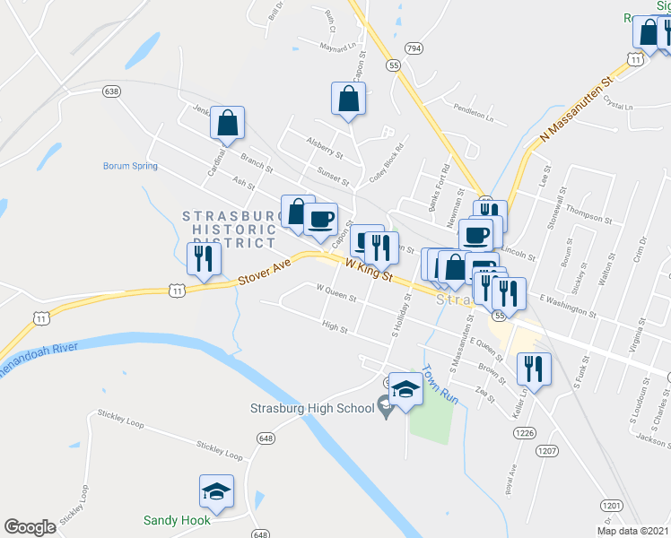 map of restaurants, bars, coffee shops, grocery stores, and more near 132 Sharpe Street in Strasburg