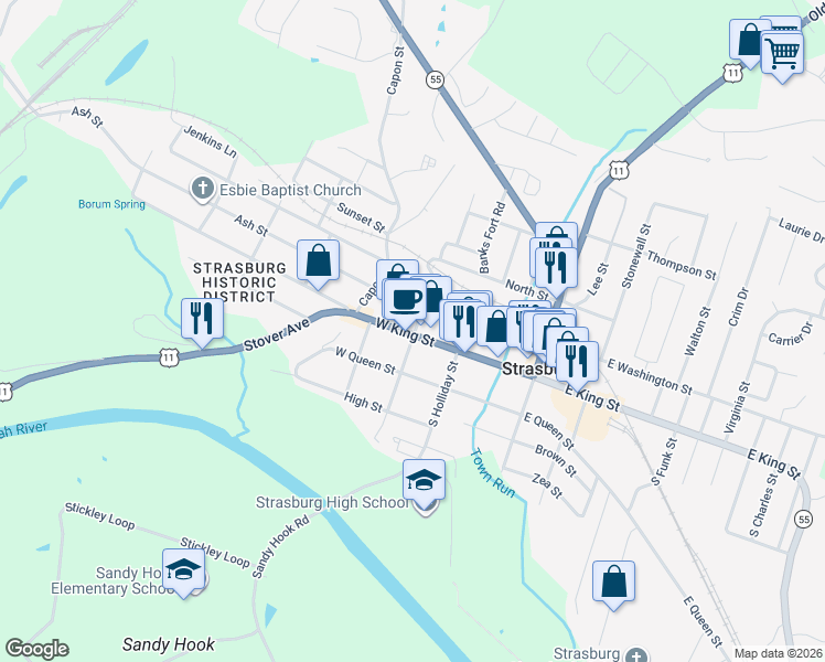 map of restaurants, bars, coffee shops, grocery stores, and more near 171 West King Street in Strasburg