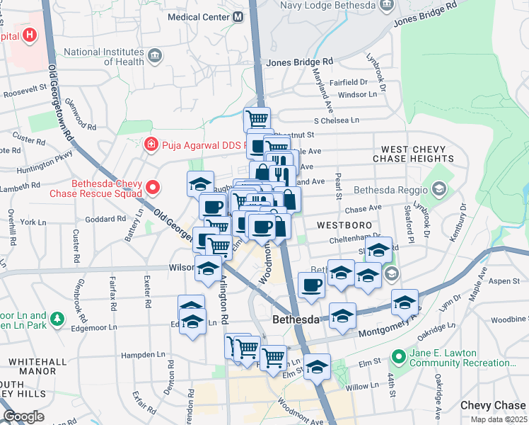 map of restaurants, bars, coffee shops, grocery stores, and more near 8001 Woodmont Avenue in Bethesda