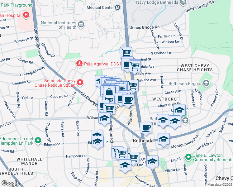 map of restaurants, bars, coffee shops, grocery stores, and more near 7940 Norfolk Avenue in Bethesda
