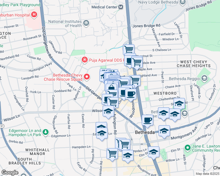 map of restaurants, bars, coffee shops, grocery stores, and more near 4905 Del Ray Avenue in Bethesda
