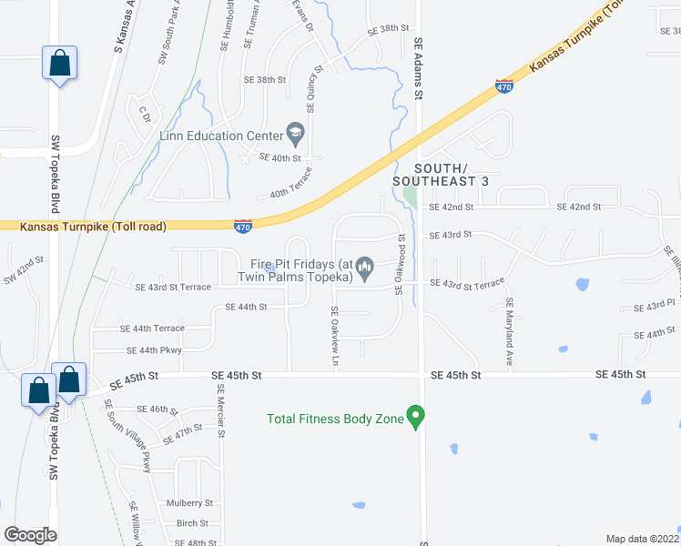 map of restaurants, bars, coffee shops, grocery stores, and more near 4308 Southeast Oakview Lane in Topeka