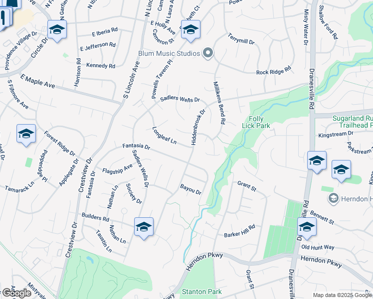 map of restaurants, bars, coffee shops, grocery stores, and more near 12703 Longleaf Lane in Herndon