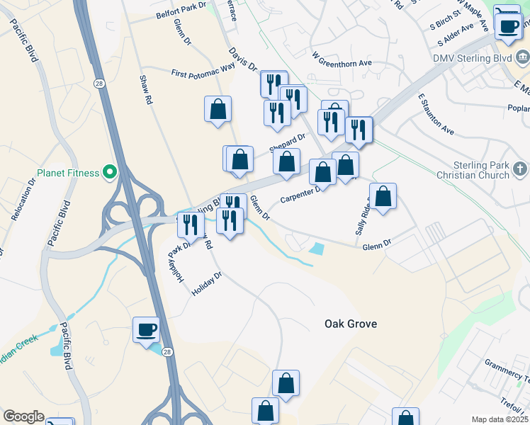 map of restaurants, bars, coffee shops, grocery stores, and more near 22648 Glenn Drive in Sterling