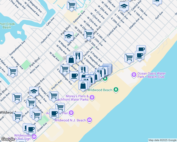 map of restaurants, bars, coffee shops, grocery stores, and more near 315 East Pine Avenue in Wildwood